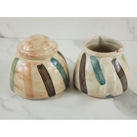 Oneida Teramo Stripes Creamer & Sugar Bowl w/ Lid Stoneware Glazed 1999 Vintage - Picture 4 of 14